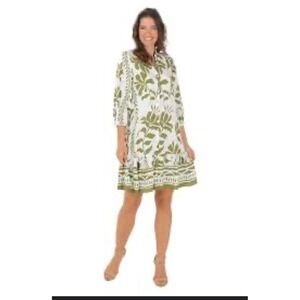 Mille Gabrielle Women's 2X Green Leaf Print Shirt Dress Tiered Ruffle Hem NWT